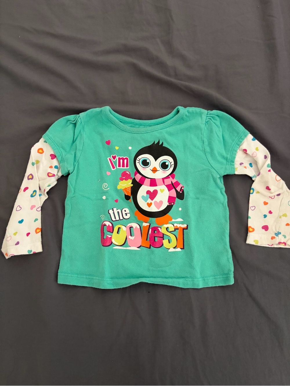 healthtex Teal Green Penguin Graphic Long-Sleeve Tee with Heart Sleeve Print